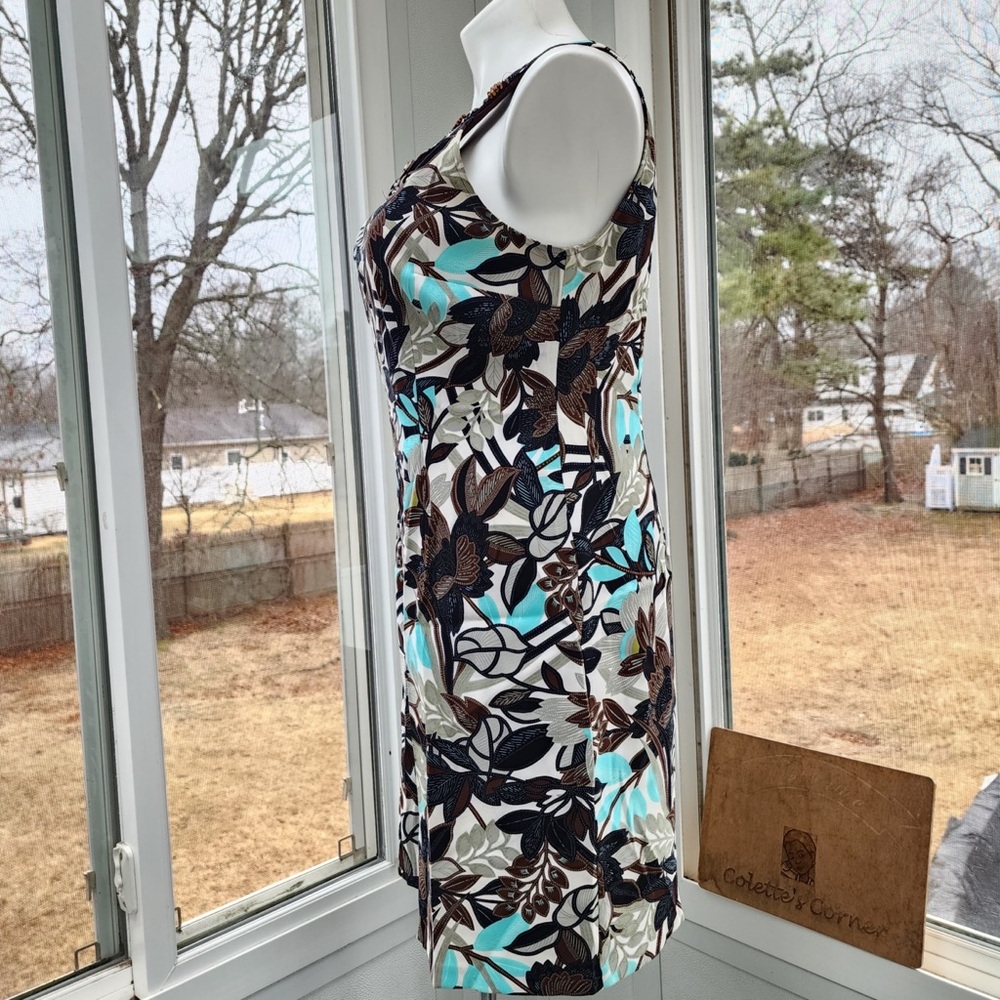 Wood Beads Studded Halter Sleeves Brown Floral Print Knee Length Sheath Dress - Picture 3 of 12